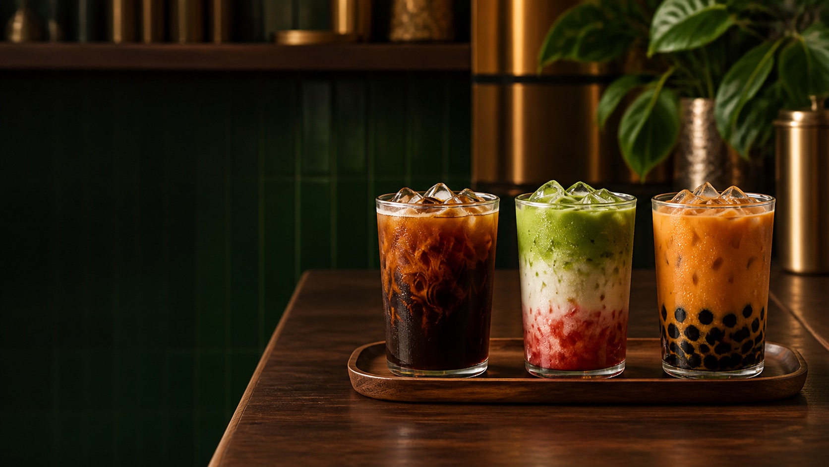 Vietnamese coffee, strawberry matcha, and Thai milk tea at Xóm Càphê