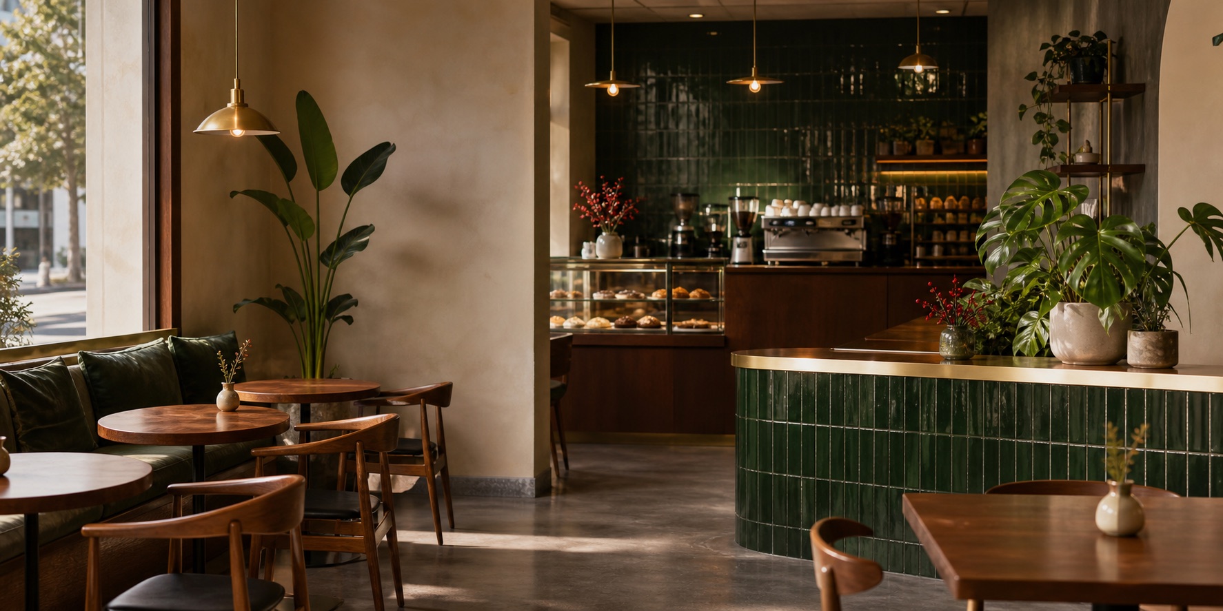 Warm green and wood interior at Xóm Càphê